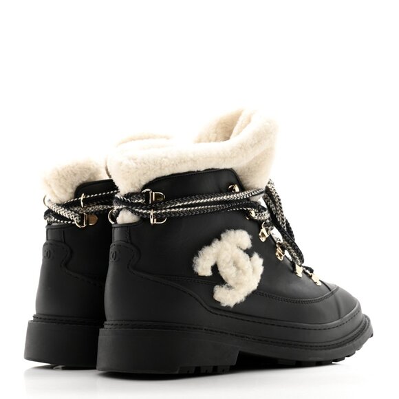 Chanel Calfskin Shearling CC Lace Up Boots 36.5 Black - Picture 5 of 11